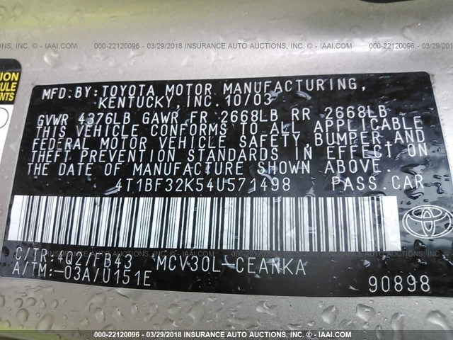 4T1BF32K54U571498 - 2004 TOYOTA CAMRY LE/XLE/SE თაფლისფერი ფოტო 9