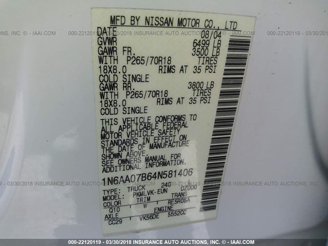 1N6AA07B64N581406 - 2004 NISSAN TITAN XE/SE/LE WHITE photo 9