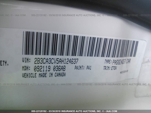 2B3CA3CV5AH124637 - 2010 DODGE CHARGER SXT WHITE photo 9