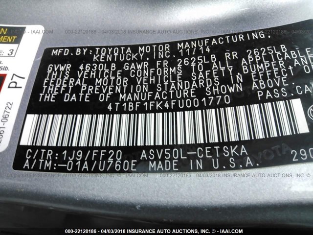 4T1BF1FK4FU001770 - 2015 TOYOTA CAMRY LE/XLE/SE/XSE SILVER photo 9