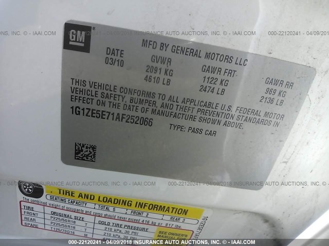 1G1ZE5E71AF252066 - 2010 CHEVROLET MALIBU LTZ WHITE photo 9