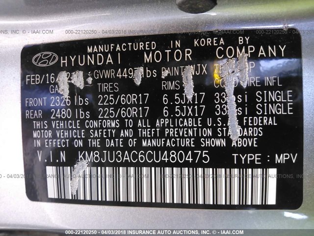 KM8JU3AC6CU480475 - 2012 HYUNDAI TUCSON GLS/LIMITED GRAY photo 9