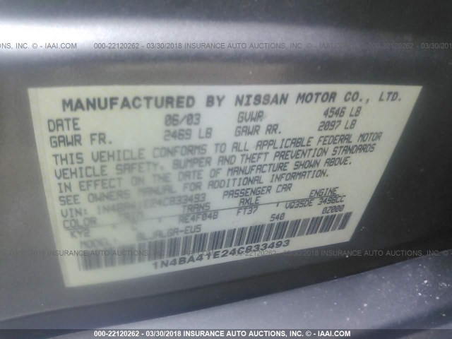 1N4BA41E24C833493 - 2004 NISSAN MAXIMA SE/SL Champagne photo 9