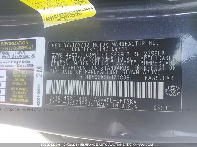 4T1BF3EK5BU218381 - 2011 TOYOTA CAMRY SE/LE/XLE Серый фото 9