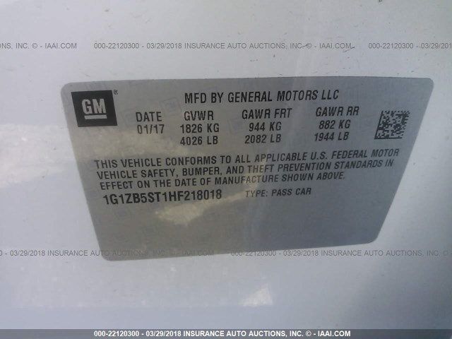 1G1ZB5ST1HF218018 - 2017 CHEVROLET MALIBU LS WHITE photo 9