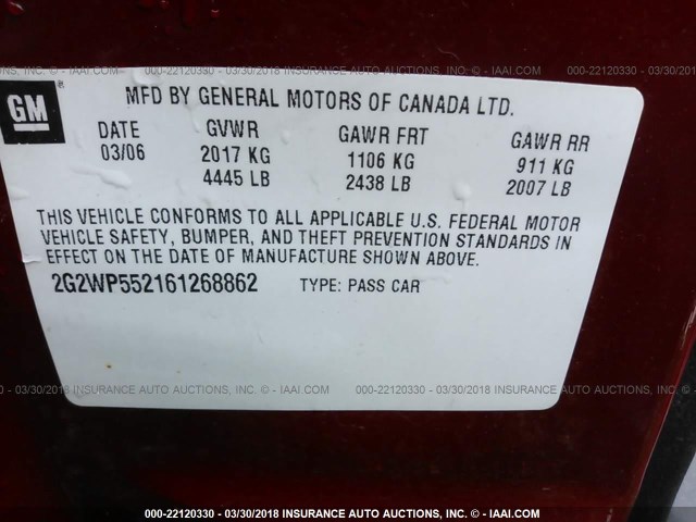 2G2WP552161268862 - 2006 PONTIAC GRAND PRIX RED photo 9