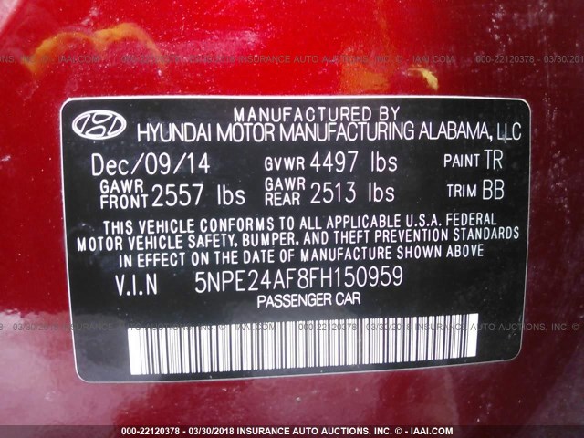 5NPE24AF8FH150959 - 2015 HYUNDAI SONATA SE RED photo 9
