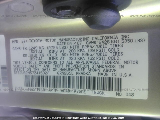 5TEJU62N57Z415023 - 2007 TOYOTA TACOMA DOUBLE CAB PRERUNNER TAN photo 9