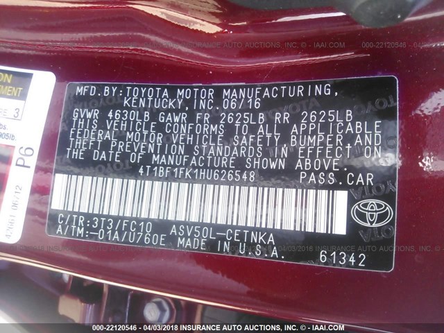 4T1BF1FK1HU626548 - 2017 TOYOTA CAMRY LE/XLE/SE/XSE BURGUNDY photo 9