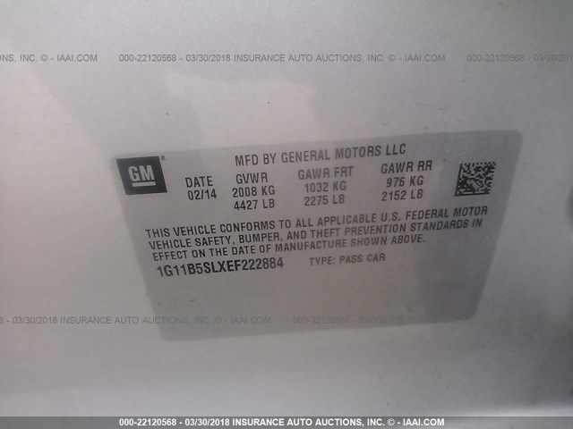 1G11B5SLXEF222884 - 2014 CHEVROLET MALIBU LS 银色 照片 9