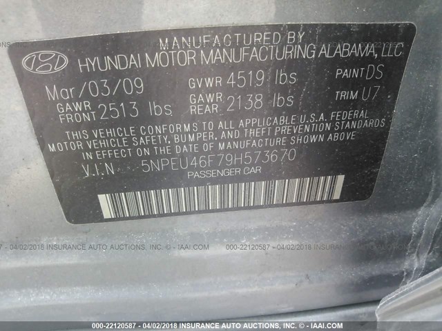 5NPEU46F79H573670 - 2009 HYUNDAI SONATA SE/LIMITED GRAY photo 9