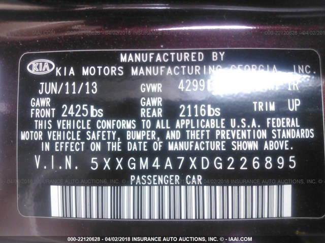 5XXGM4A7XDG226895 - 2013 KIA OPTIMA LX Բորդո լուսանկար 9