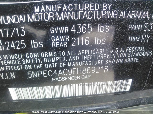 5NPEC4AC9EH869218 - 2014 HYUNDAI SONATA SE/LIMITED BLACK photo 9