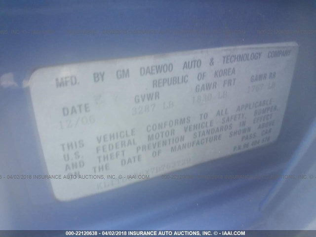 KL1TD666X7B763729 - 2007 CHEVROLET AVEO LS 蓝色 照片 9