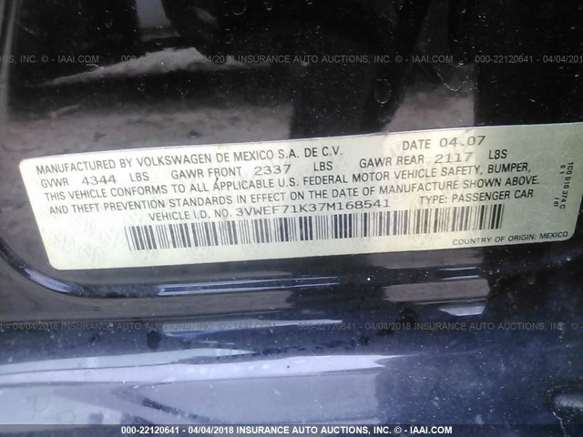 3VWEF71K37M168541 - 2007 VOLKSWAGEN JETTA WOLFSBURG 黑色 照片 9