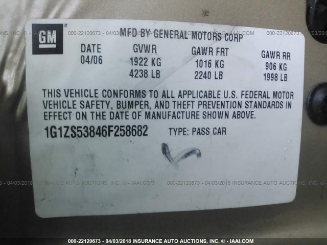 1G1ZS53846F258682 - 2006 CHEVROLET MALIBU LS ოქროსფერი ფოტო 9