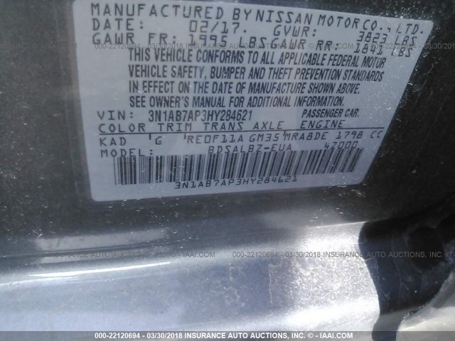 3N1AB7AP3HY284621 - 2017 NISSAN SENTRA S/SV/SR/SL GRAY photo 9