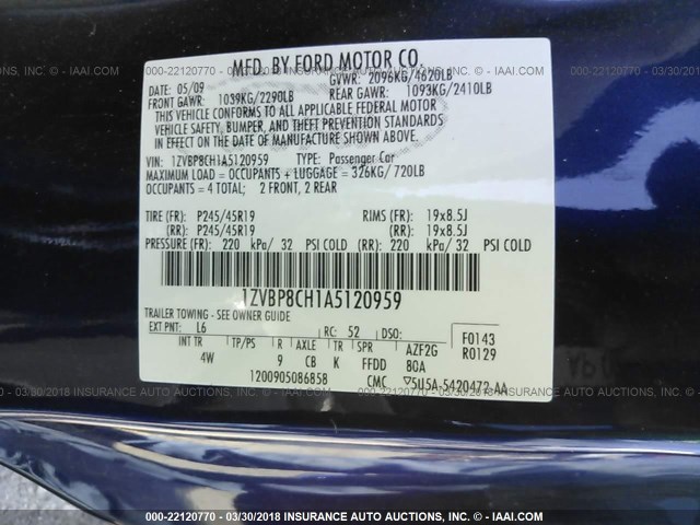 1ZVBP8CH1A5120959 - 2010 FORD MUSTANG GT BLUE photo 9