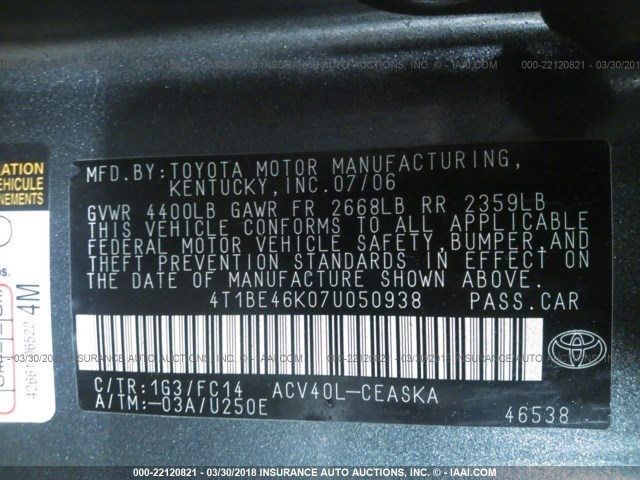 4T1BE46K07U050938 - 2007 TOYOTA CAMRY NEW GENERAT CE/LE/XLE/SE GRAY photo 9