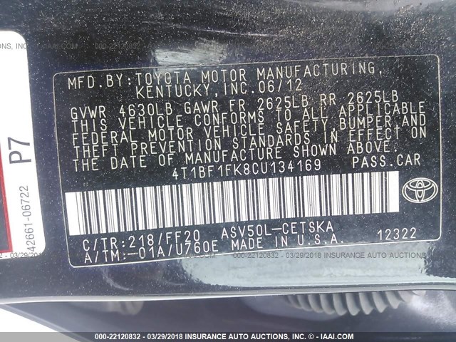 4T1BF1FK8CU134169 - 2012 TOYOTA CAMRY SE/LE/XLE BLACK photo 9