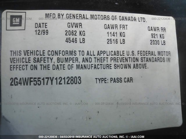 2G4WF5517Y1212803 - 2000 BUICK REGAL GS BLUE photo 9