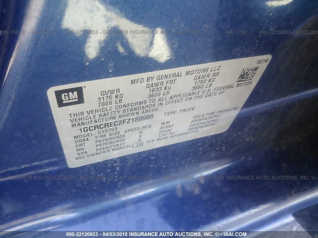 1GCRCREC2FZ189986 - 2015 CHEVROLET SILVERADO C1500 LT BLUE photo 9