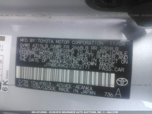 JTNBE46K273072171 - 2007 TOYOTA CAMRY NEW GENERAT CE/LE/XLE/SE SILVER photo 9