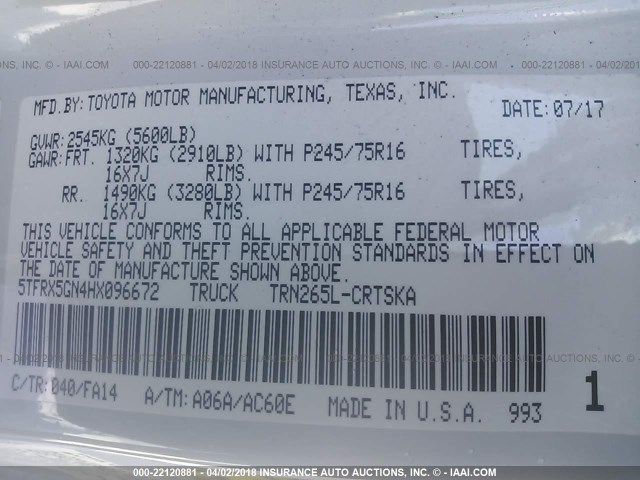 5TFRX5GN4HX096672 - 2017 TOYOTA TACOMA ACCESS CAB/SR/SR5 თეთრი ფოტო 9