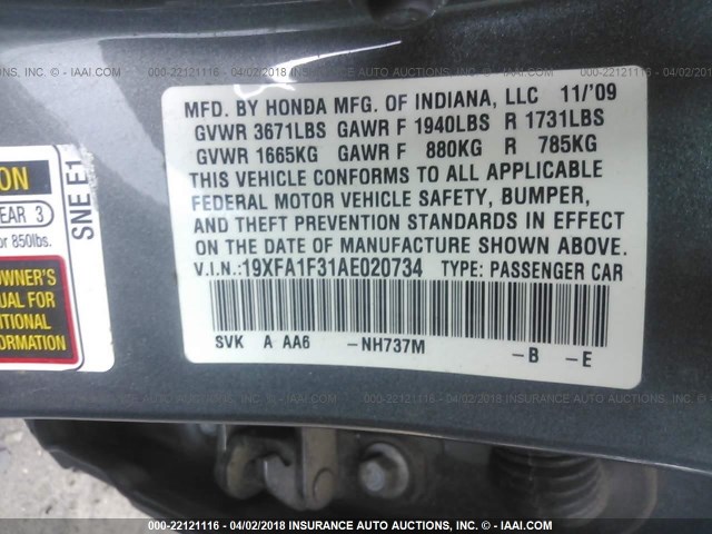 19XFA1F31AE020734 - 2010 HONDA CIVIC VP GRAY photo 9