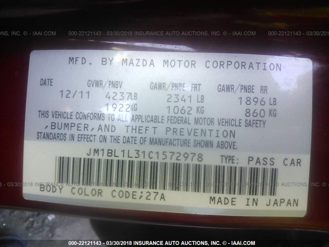 JM1BL1L31C1572978 - 2012 MAZDA SPEED 3 RED photo 8