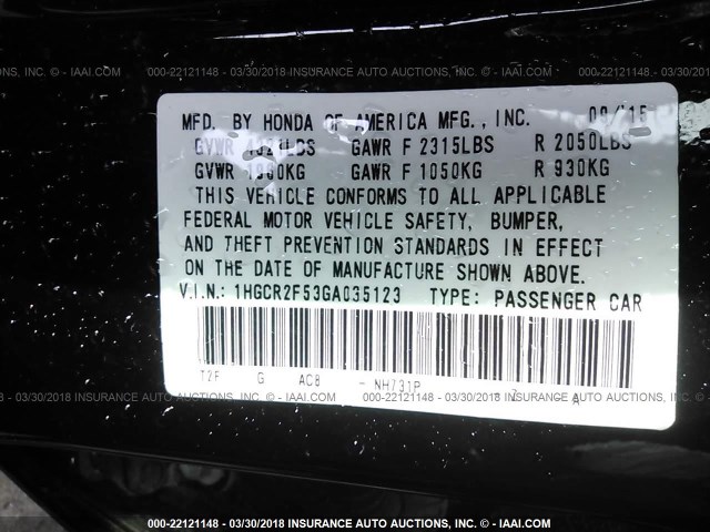 1HGCR2F53GA035123 - 2016 HONDA ACCORD SPORT 黑色 照片 9