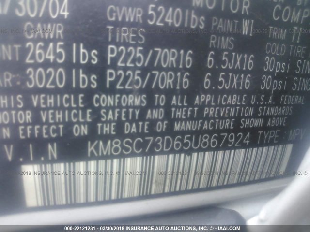 KM8SC73D65U867924 - 2005 HYUNDAI SANTA FE GLS/LX WHITE photo 9