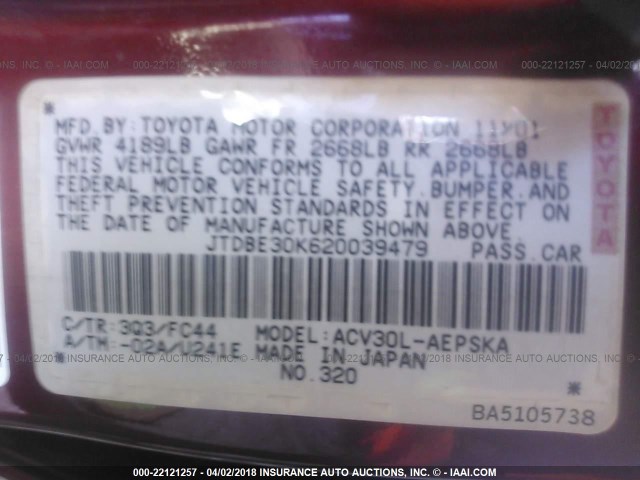 JTDBE30K620039479 - 2002 TOYOTA CAMRY LE/XLE/SE RED photo 9