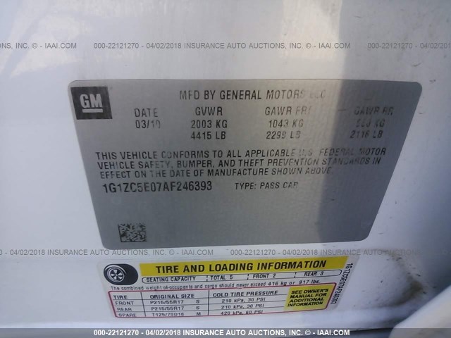 1G1ZC5E07AF246393 - 2010 CHEVROLET MALIBU 1LT 白色 照片 9