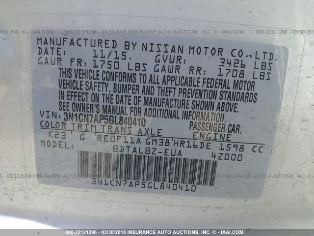 3N1CN7AP5GL840410 - 2016 NISSAN VERSA S/S PLUS/SV/SL SILVER photo 9