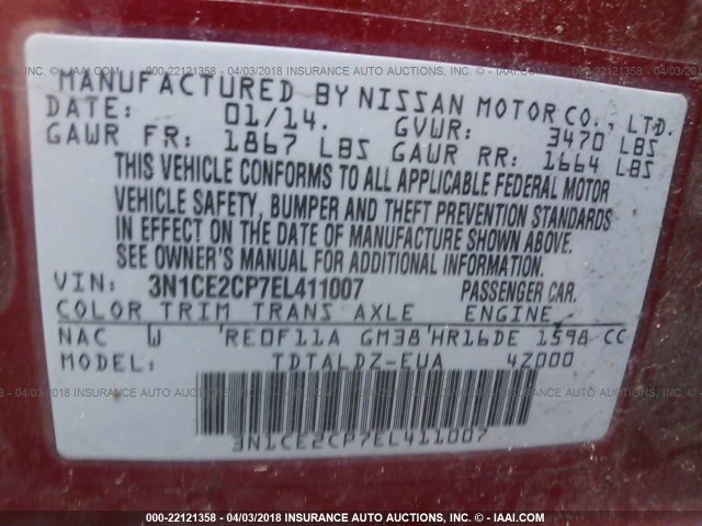 3N1CE2CP7EL411007 - 2014 NISSAN VERSA NOTE S/S PLUS/SV/SL RED photo 9