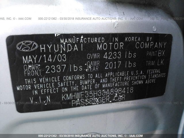 KMHWF35H33A898418 - 2003 HYUNDAI SONATA GLS/LX BLUE photo 9