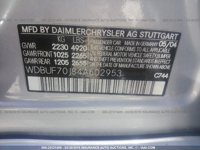 WDBUF70J84A602953 - 2004 MERCEDES-BENZ E 500 SILVER photo 9