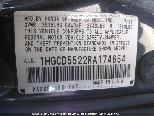 1HGCD5522RA174654 - 1994 HONDA ACCORD DX GRAY photo 9