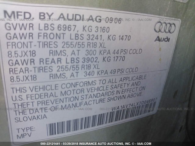 WA1AV74LX7D046807 - 2007 AUDI Q7 4.2 QUATTRO GREEN photo 9