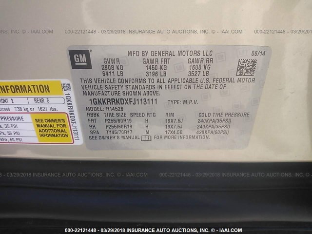 1GKKRRKDXFJ113111 - 2015 GMC ACADIA SLT-1 Золотий фото 9