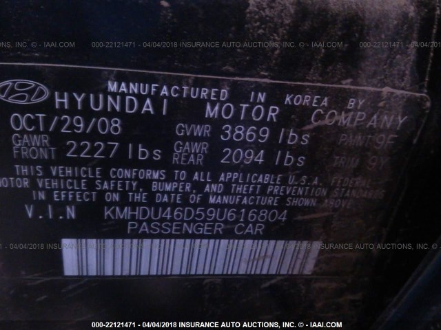 KMHDU46D59U616804 - 2009 HYUNDAI ELANTRA GLS/SE BLACK photo 9