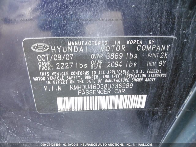 KMHDU46D38U336989 - 2008 HYUNDAI ELANTRA GLS/SE/LIMITED BLUE photo 9