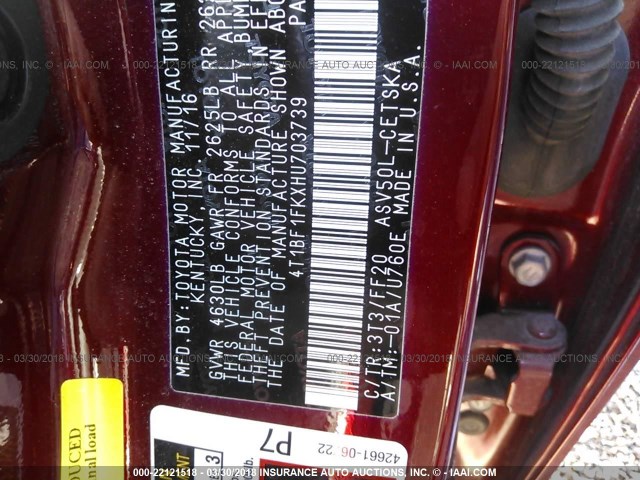 4T1BF1FKXHU703739 - 2017 TOYOTA CAMRY LE/XLE/SE/XSE მუქწითელი ფოტო 9