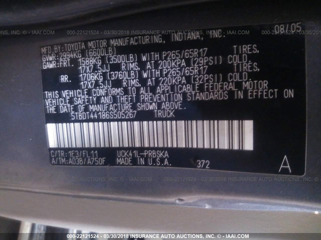 5TBDT44186S505267 - 2006 TOYOTA TUNDRA DOUBLE CAB SR5 GRAY photo 9