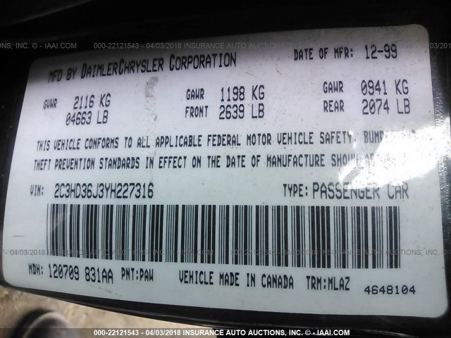 2C3HD36J3YH227316 - 2000 CHRYSLER CONCORDE LXI BLACK photo 9