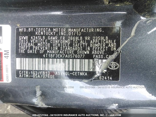 4T1BF3EK7AU576077 - 2010 TOYOTA CAMRY SE/LE/XLE 灰色 照片 9