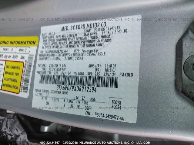 3FA6P0K9XDR212594 - 2013 FORD FUSION TITANIUM GRAY photo 9