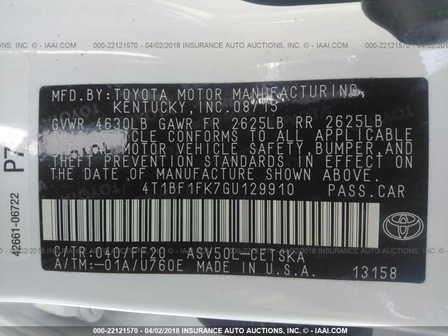 4T1BF1FK7GU129910 - 2016 TOYOTA CAMRY LE/XLE/SE/XSE თეთრი ფოტო 9