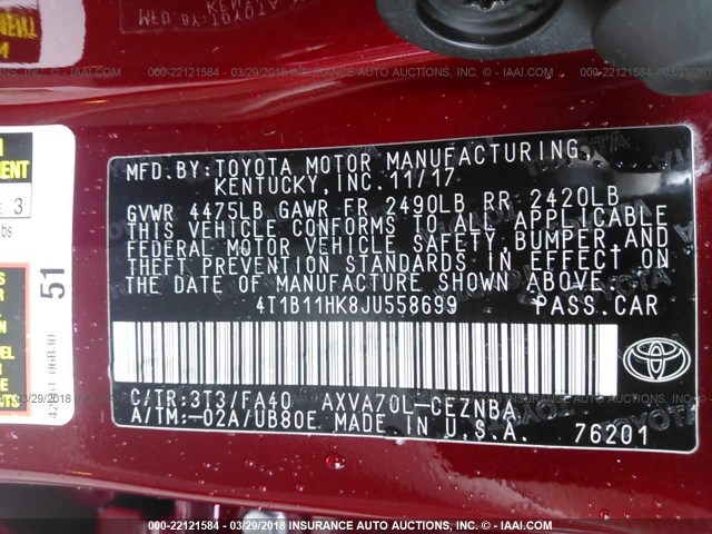 4T1B11HK8JU558699 - 2018 TOYOTA CAMRY L/LE/XLE/SE/XSE RED photo 9